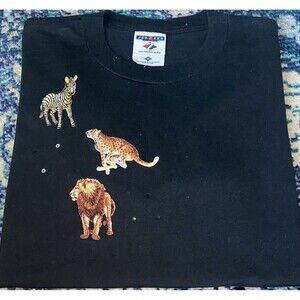 Vintage 90s Jerzees Tee Women’s Medium Black Crewneck USA Safari Animals Lion